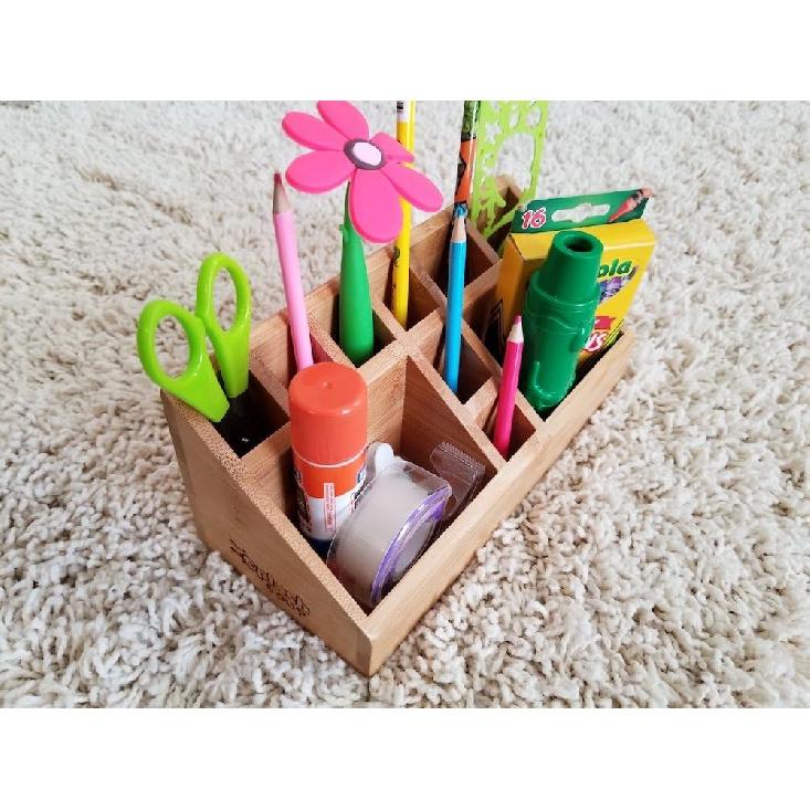 Small Multifunctional Bamboo Organizer | Desk Caddy | Home Office Accessory Tray | School Art Supply Holder | Pen Pencil Brush Compartment | Kitchen