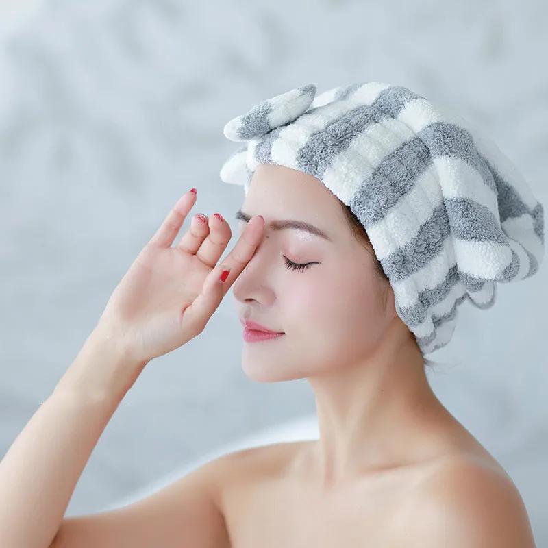 Coral Fleece Cationic Bow Dry Hair Cap, Microfiber Absorption and Quick-drying Striped Shower Cap