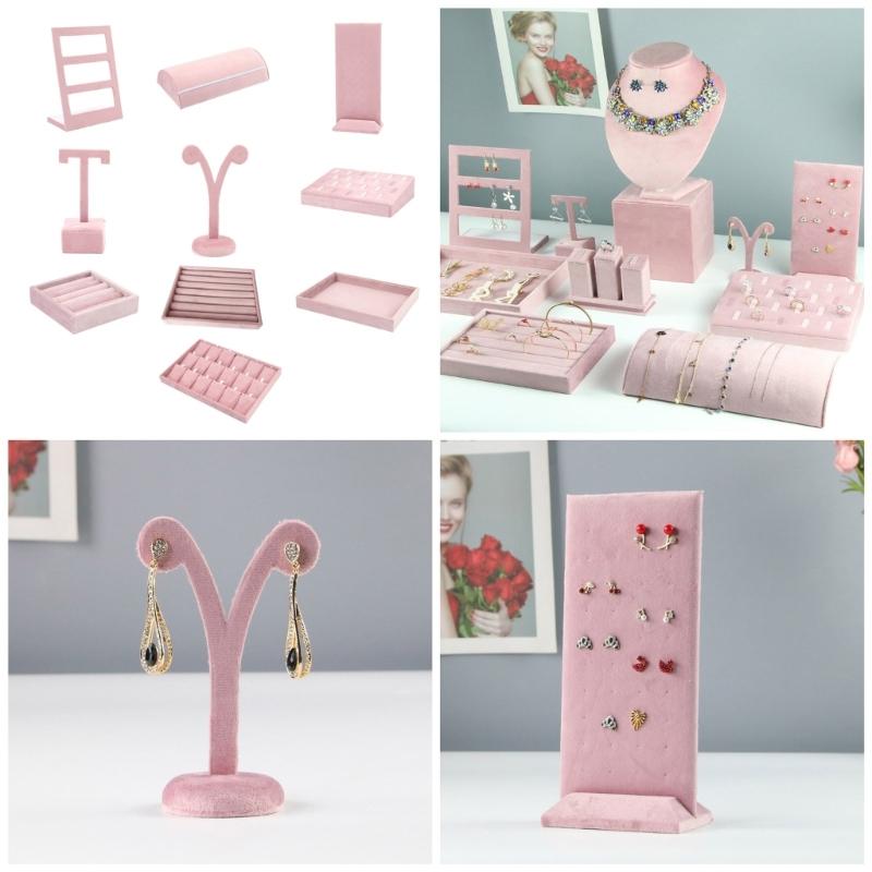 Pink Jewelry Display Props Elegant Jewelry Stand Velvets Fabric Material Jewelry Display Tray for Rings Earring Necklace