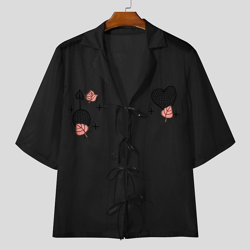 

INCERUN Men Oversized Half Sleeve Transparent Sheer Bandage Print Tops Shirts S