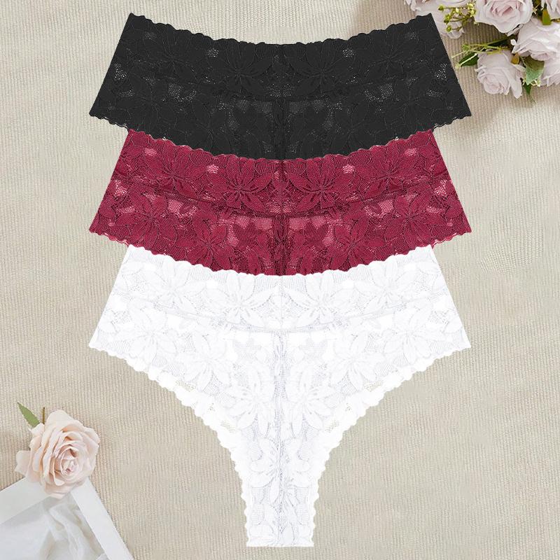 3Pcs/Set Women's High Waist Panties Ladies Sexy Lace Hollow Out Thong Breathable Transparent G-strings Solid Color Soft Lingerie