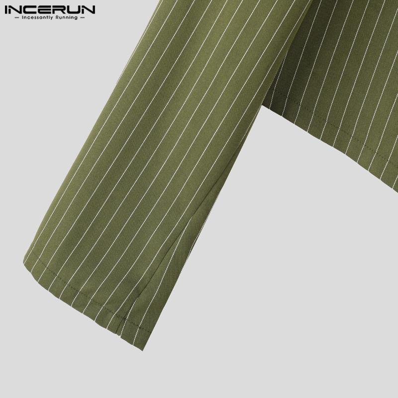 INCERUN Men Stand Neck Long Sleeve Striped Side Bandage Cropped Short Shirts