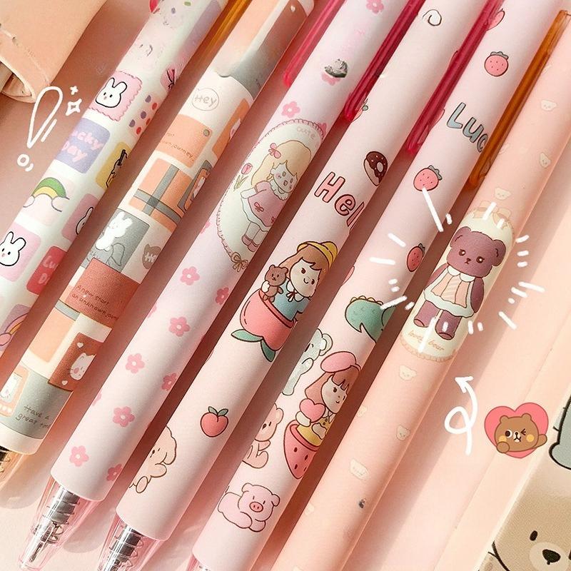 4Pcs Cute Cartoon Design Ballpoint Pen 0.5mm Writing Neutral Pen Press Type Rollerball Pen Learning Office Supplies