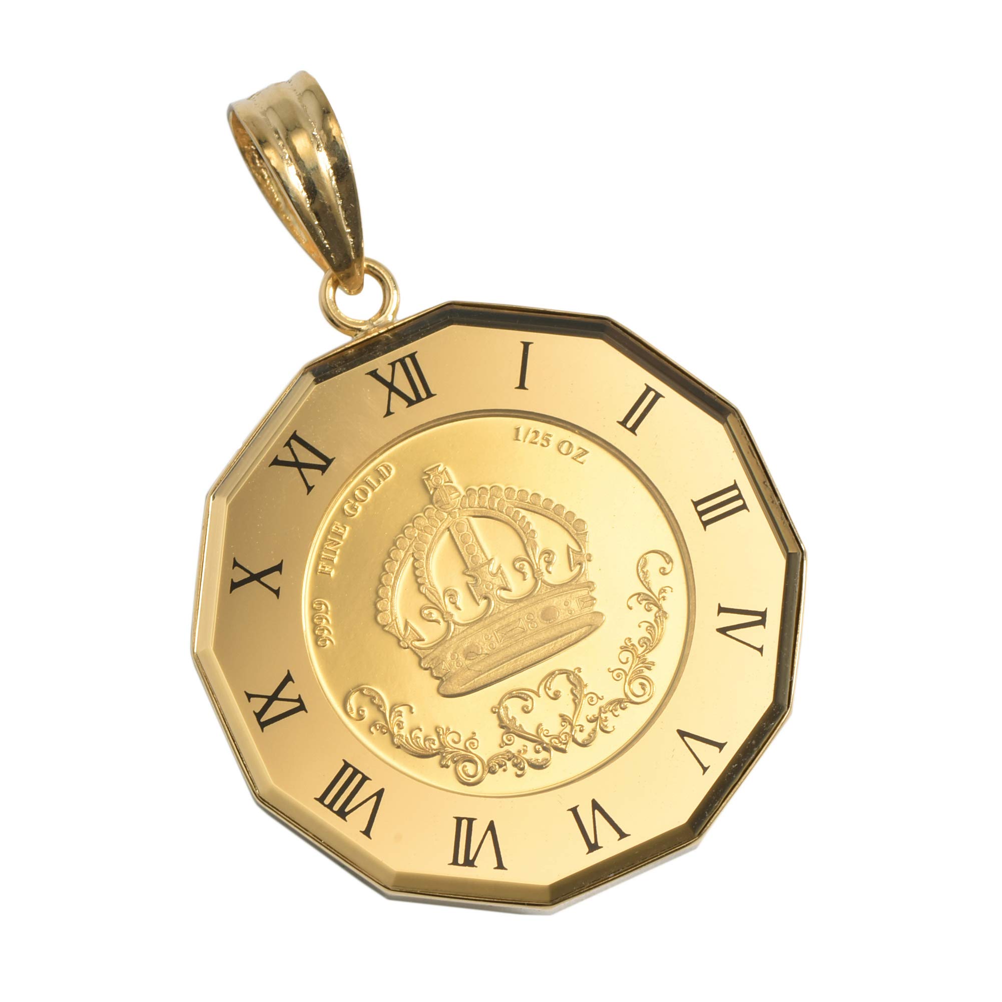 

Speranza 24K Pure Gold Coin Pendant with Gold Glass 18K Engraved Crown, 1/25oz Clock, золотий