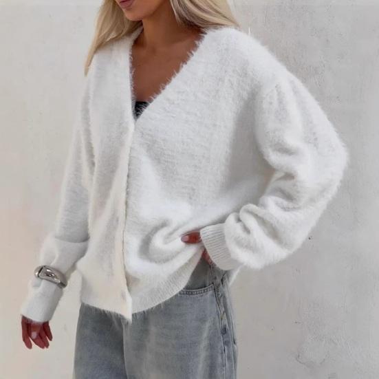 Women Sweater Coat V-Neck Long Sleeve Buttons Placket Knitting Coat Pure Color Elastic Fabric Loose Fit Casual Sweater