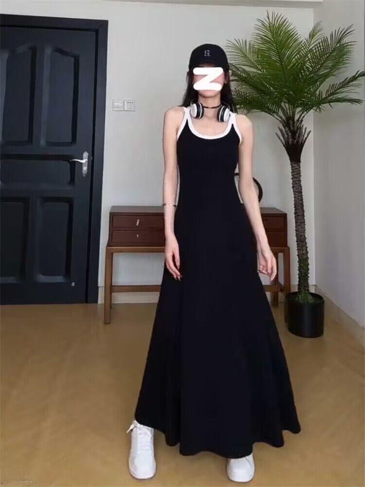 American street thin black suspender vest skirt medium and long sleeveless dress new women's skirt long dress