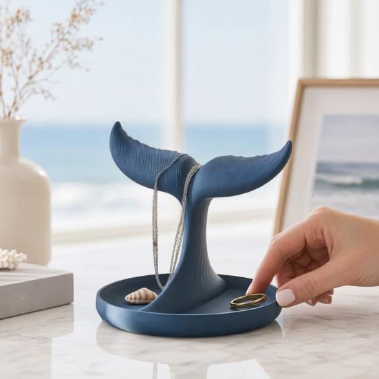 3D Printed Whale Tail Jewelry Organizer, Earring Necklace Display Stand with Ring Tray, Creative Desktop Decor, Elegant Vanity Dresser Accessories