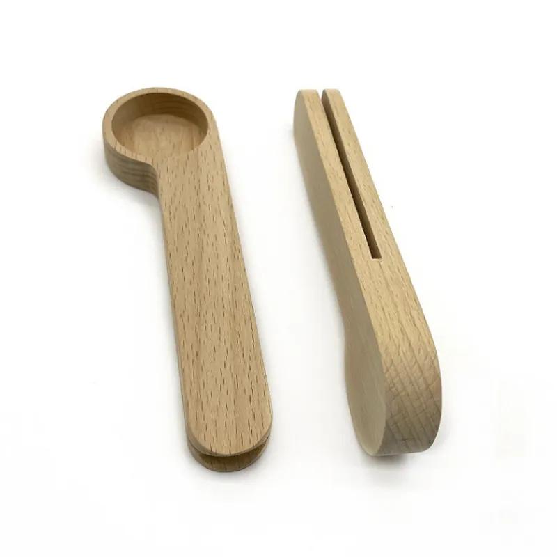Wooden Coffee Bean Measuring Spoon With Bag Clip Tablespoon Solid Measuring Tea Bean Spoons Clips Gift YA040