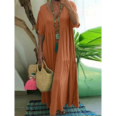 Moda de verão novo vestido longo feminino com decote em V irregular algodão misturado elegante tamanho grande casual longo swing vestido vintage robe