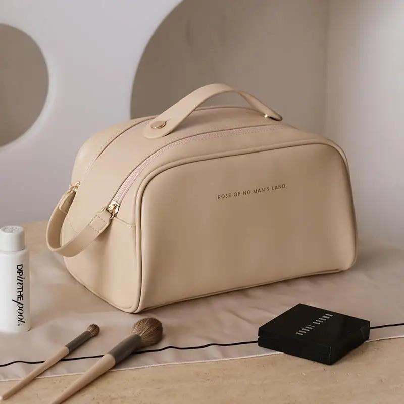 

Сумка женская кожаная двойная молния большая портативная косметичка для путешествий (20cm<Max Length<30cm) абрикосовый