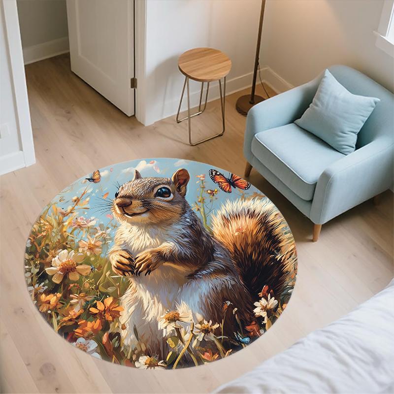 Squirrel pattern round rug,Carpet Rug for Living Room Bedroom  Playroom ,Non-slip Floor Mat,Holiday Gifts and Birthday Gifts.