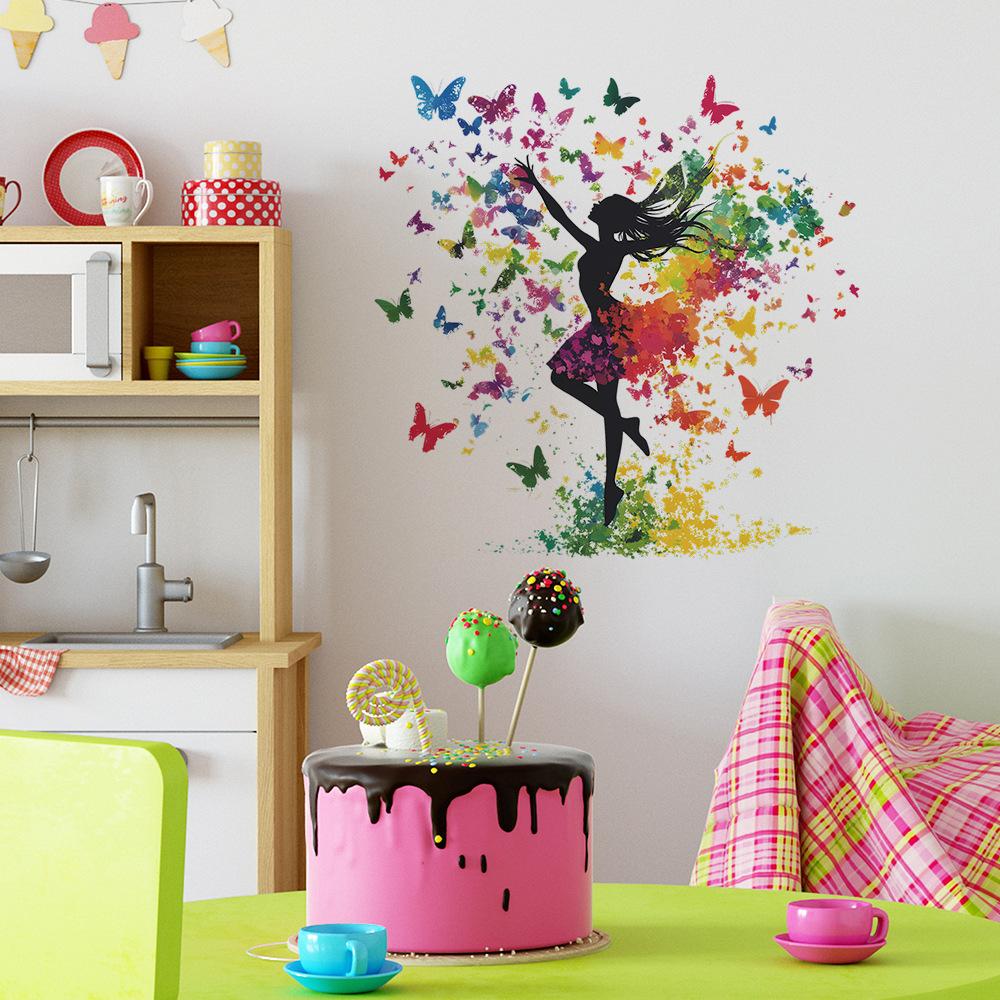 Creative and Colorful Butterfly Girl Flower Stickers for Bedroom Living Room and Commercial Space Beautification and Decoration