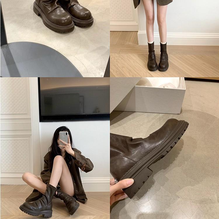 Galoa~ Bottes stretch Maillard femmes 2025 automne nouvelles bottes Martin à semelle épaisse rehaussée à talon fin bottines courtes