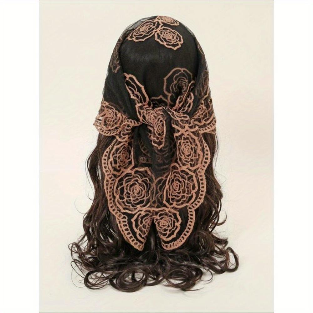 Spring Floral Mesh Scalloped Design Headscarf, Bohemian Floral Embroidered Wrap, Suitable For Women In All Seasons