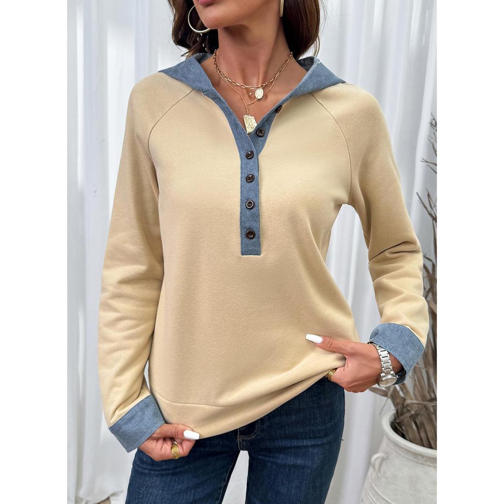 Women's Color Button Front Pullover Sweatshirt with Long Sleeves and Round Neck