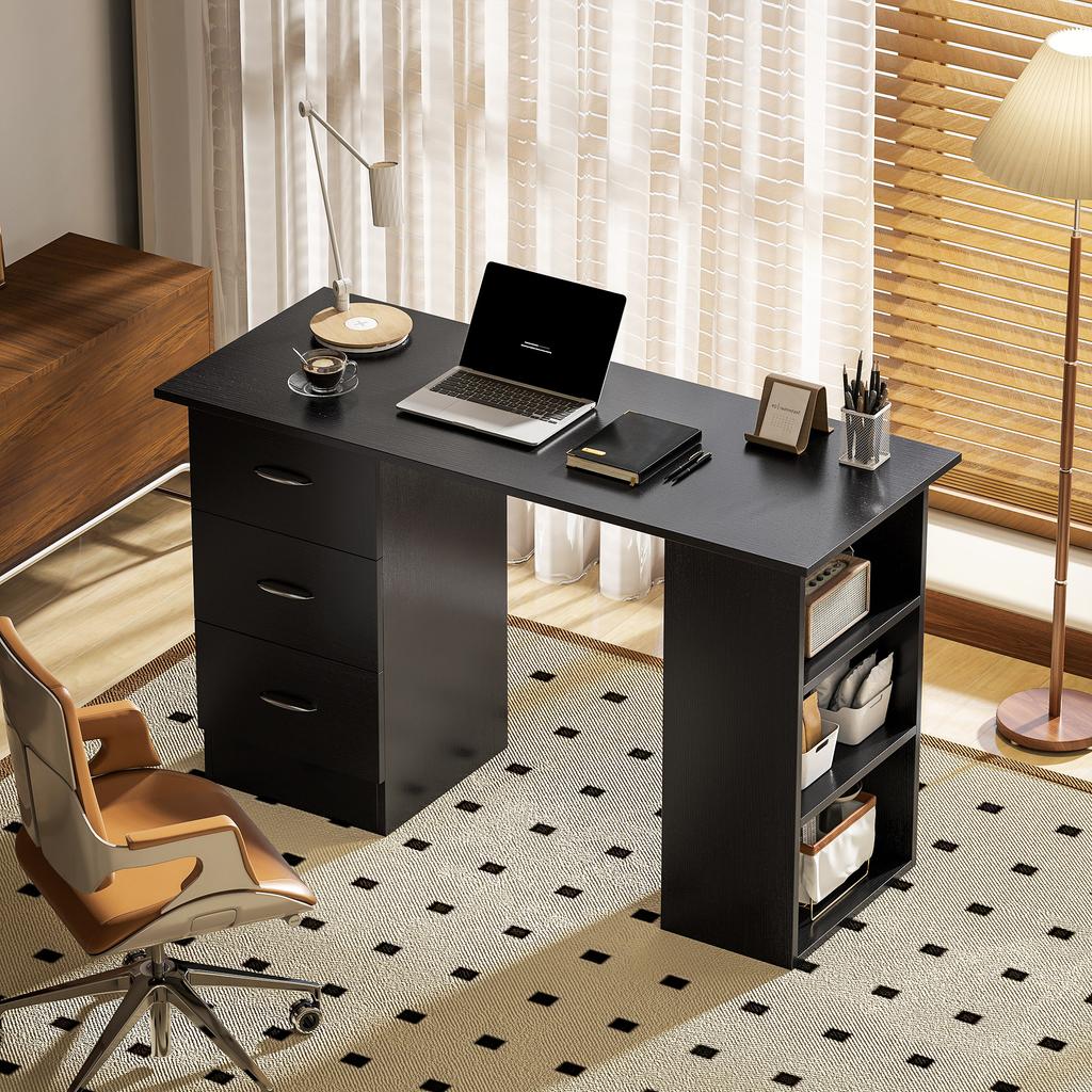 Computer Desk, Writing Table, PC Workstation with 3 Storage Shelves and Drawers, Silver Handle, for Home Office, Black