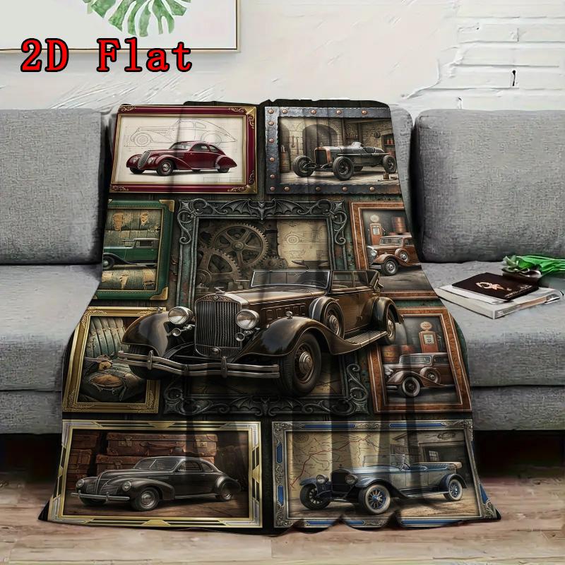 Vintage Car Art Rug 2D Flat Pattern Flannel Blanket, High Quality All Seasons, Home Decor, Warmth and Comfort, Perfect for Christmas Gifts.