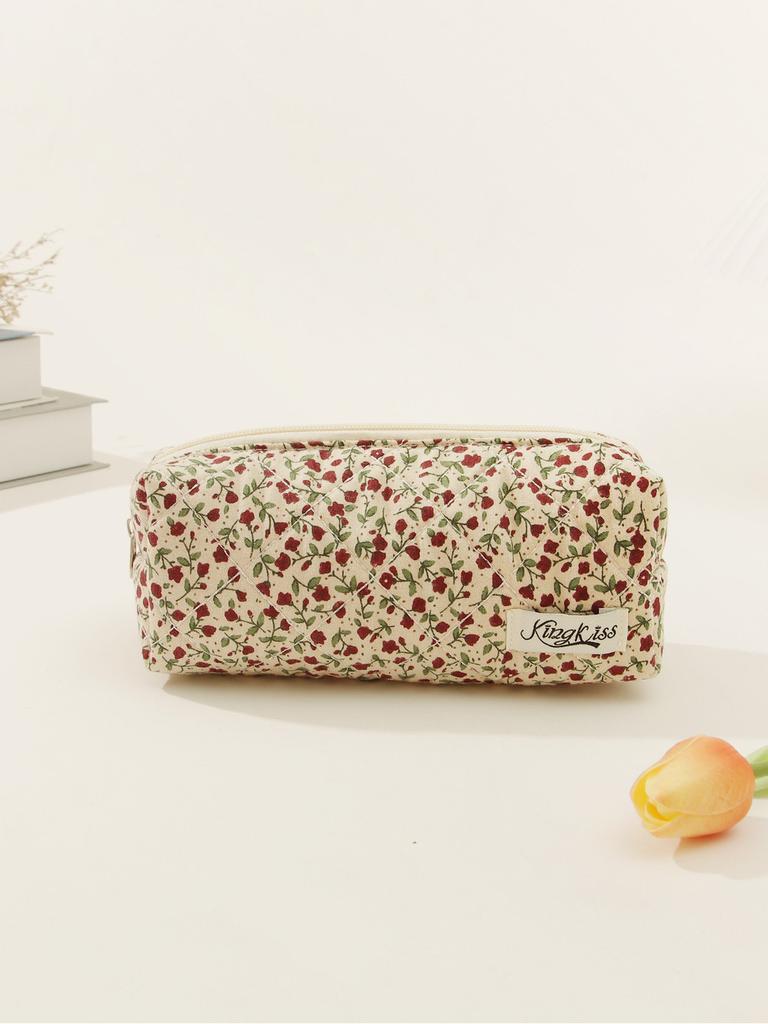 Cute Floral Cotton Pen Pouch Makeup Bag Travel Organizer With Stitching Red/yellow/pink