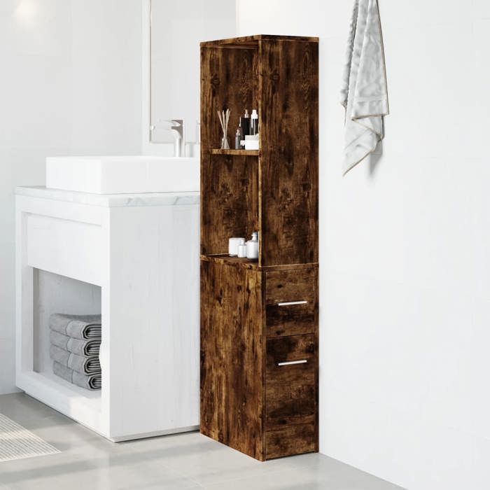 VidaXL Armoire de salle de bain étroite avec roulettes chêne fumé, armoire de salle de bain haute, rangement de salle de 855299