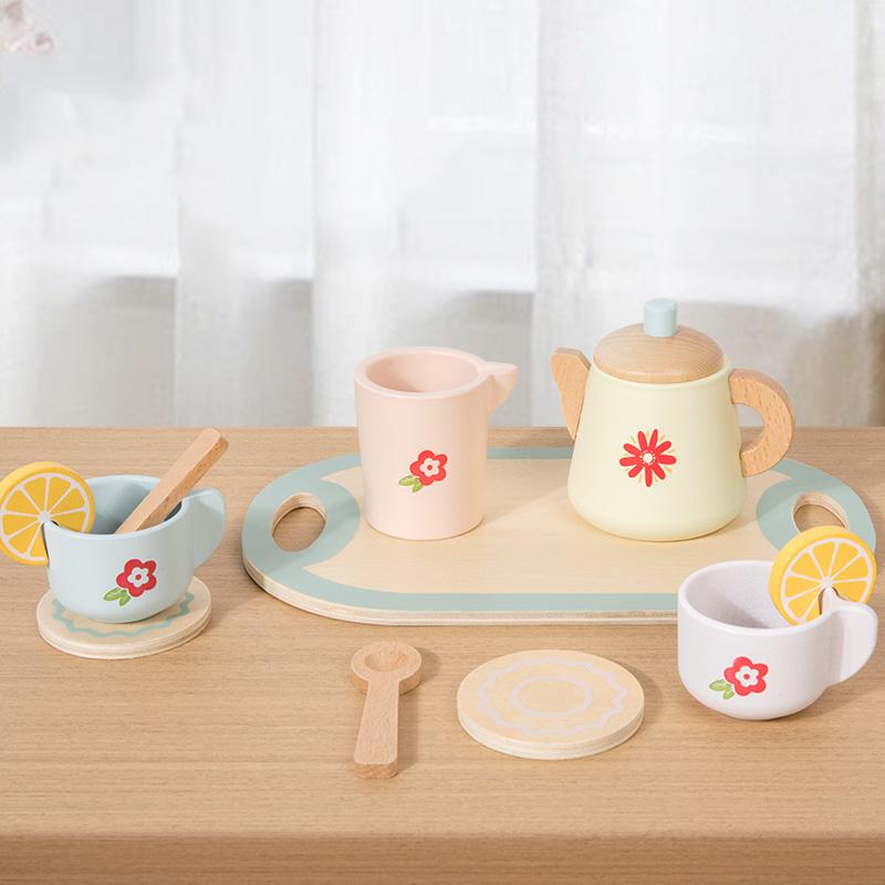Kids Wooden Tea Set Play House Pretend Make Tea Play With Teapot Teacup Afternoon Snack Role Playing Toys Boys Girls Gift