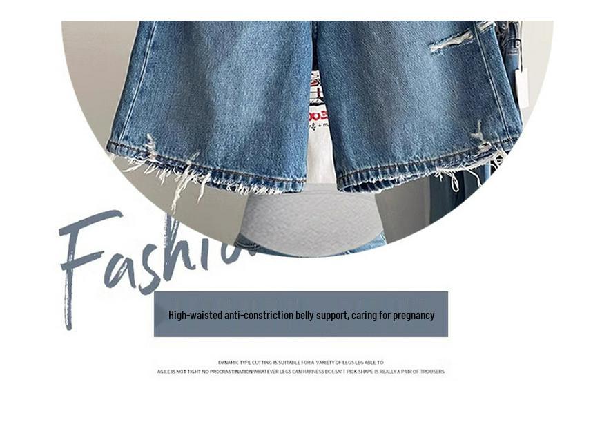 Women's Maternity Ripped Denim Shorts - Summer 2026 Lightweight, Plus Size, Loose Fit, Stylish Wide Leg, Slimming Five-Point Design