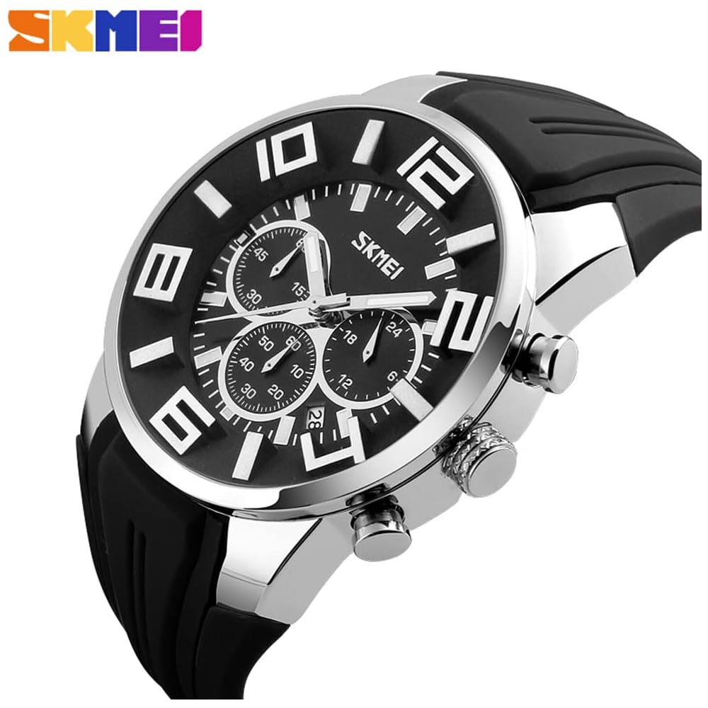 Men's Casual Big Face Chronograph Watch Black Silicone Waterproof Analog Quartz