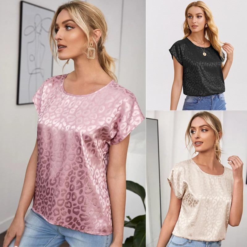 

Summer Leopard Print Jacquard Short Sleeved Blouse Women New Loose Casual Shirt New Round Neck Simple Tops Women s Clothing 3268 XL рожевий