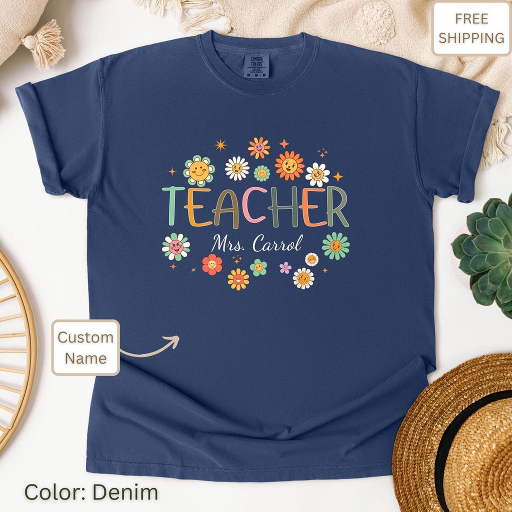 Personalized Library Staff Tee: Flower Theme, Garment-Dyed Cotton