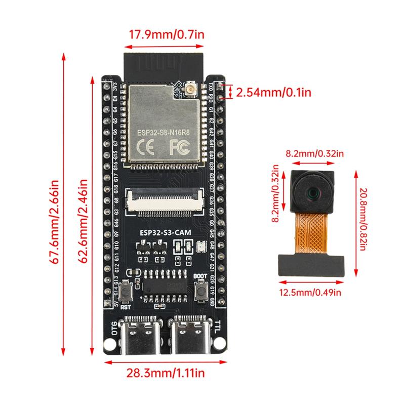 ABUO-ESP32-S3-N16R8 ESP32-S3-CAM Development Board Featuring Wifi Bluetooth Core CH340 Camera Module Onboard