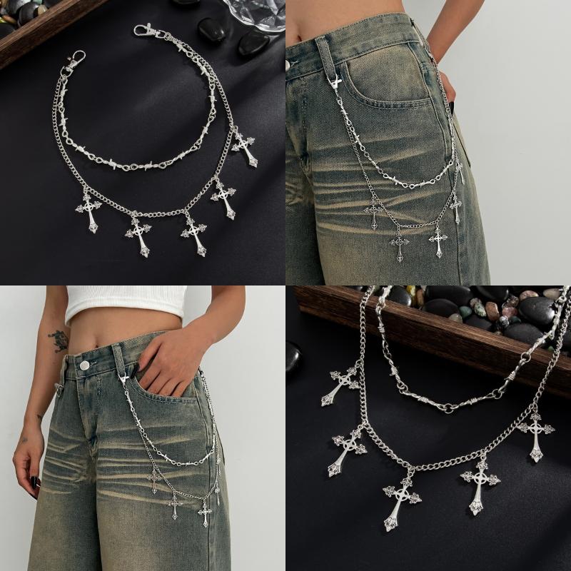 Punk Mehrschichtig Metall Stern Kreuz Anhänger Hosenkette Hip Hop Taille Schlüsselanhänger Jeans Kette Damen Trendiger Schmuck Zubehör Geschenke