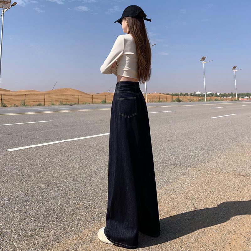 

High-Waist Deep Blue Wide-Leg Jeans for Tall Women - Floor-Length Autumn Style Small