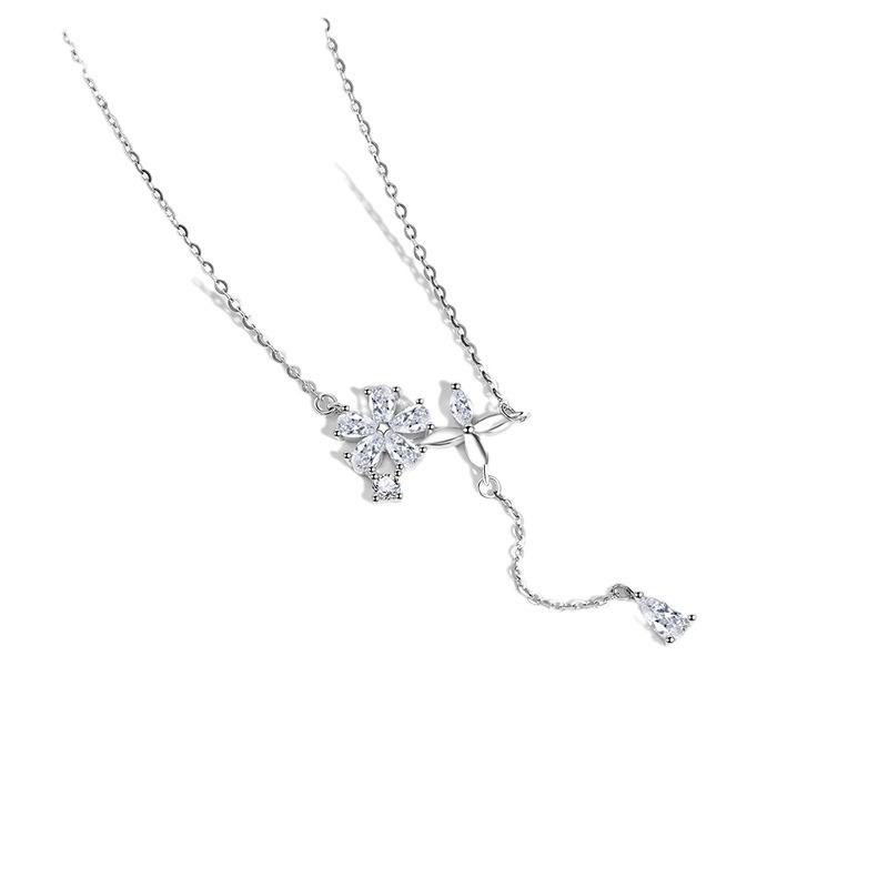 Light Luxury Flash Diamond Cherry Blossom Necklace Female Ins Sweet Flower Neck Chain Fringed Water Drop Collarbone Chain