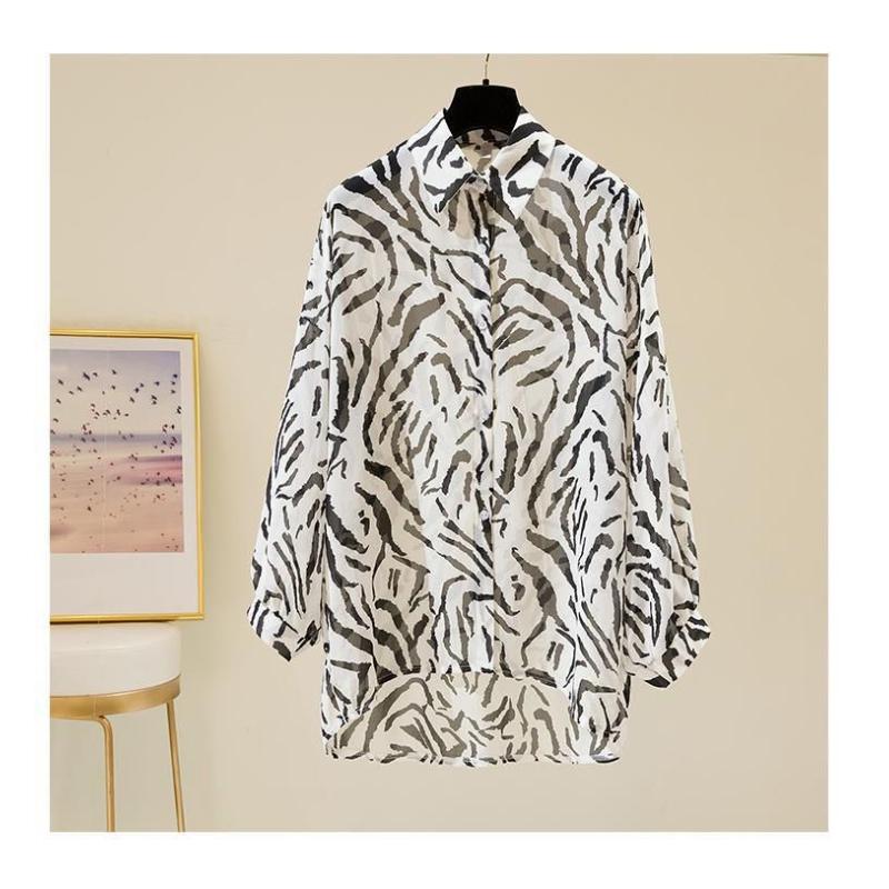 New Summer Zebra Pattern Women's Style Retro Top Mid-length Long Sleeve Thin Chiffon Shirt