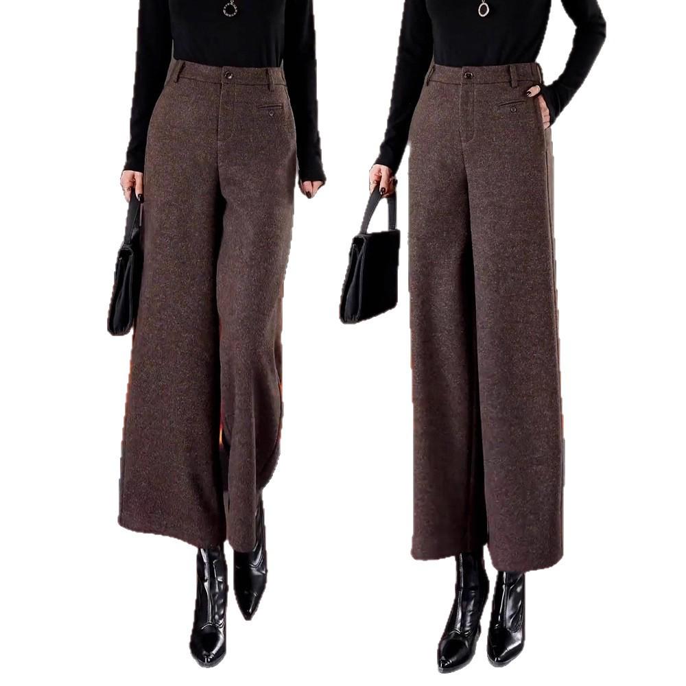 Women's Woolen Wide-Leg High-Waist Pants with Velvet, Autumn/Winter 2025 - Thick, Loose, Straight Leg Design for Small Heights
