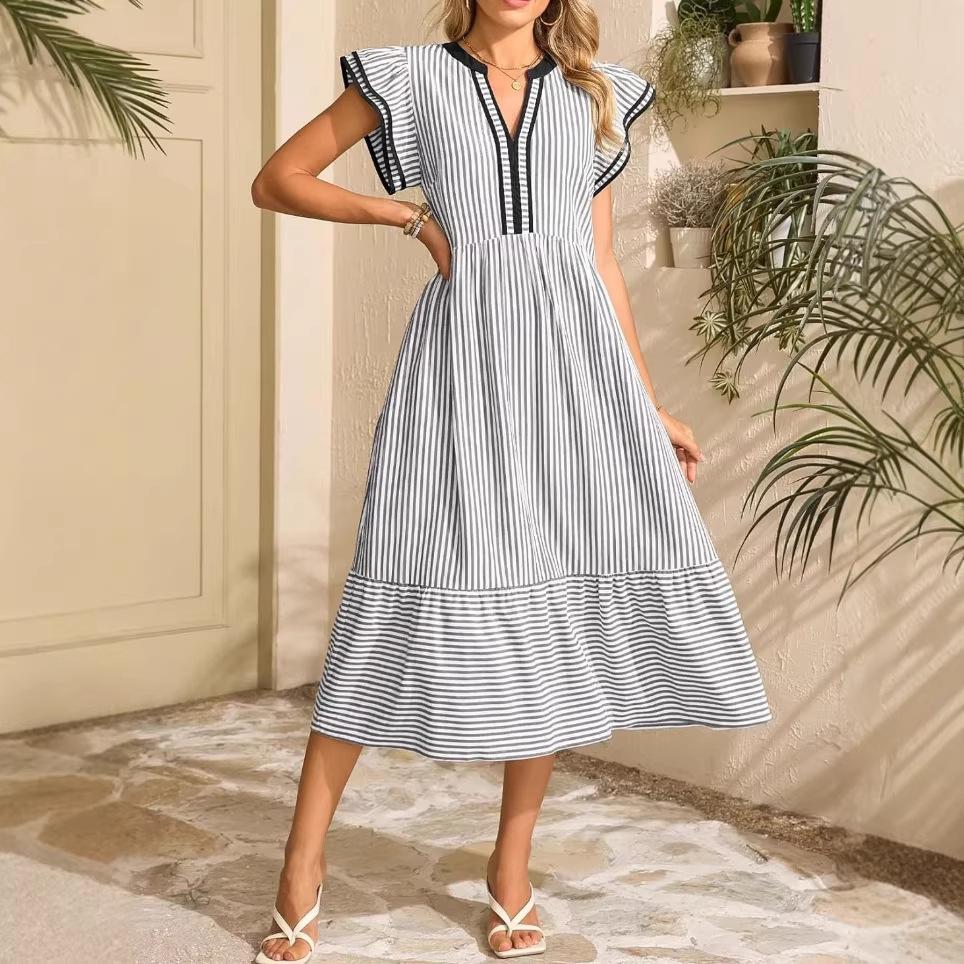 Europäischer & Amerikanischer Stil Damen Gestreiftes V-Ausschnitt Kurzarm Langes Kleid (2026)