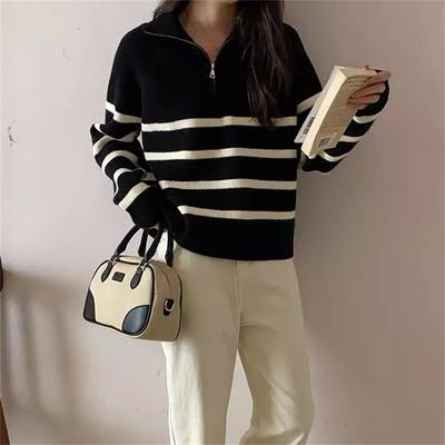 Half-height Zipper Lapel Sweater, New Autumn and Winter Color Striped Knitted Base Layer for Women