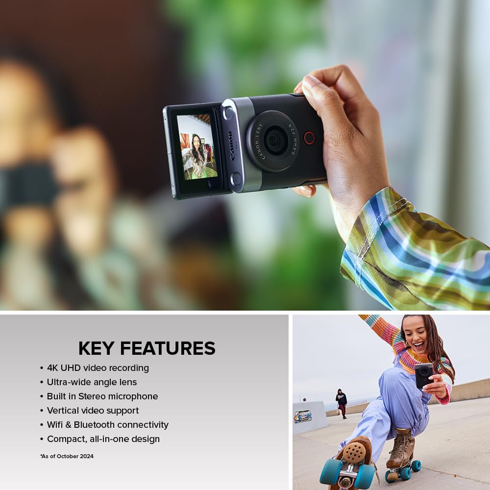 Canon PowerShot V10 Content Creator Compact Vlog Camera with Fixed 19mm 4K Face Live and Black Camera, Wide-Angle Lens, Video, Detection, Built-in