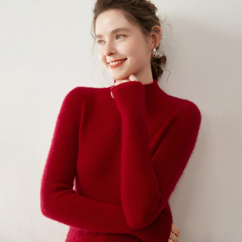 Women's Cashmere Solid Color Half-High Neck Sweater – Thick Knit, Slim Fit, Versatile Autumn/Winter Base Layer Top