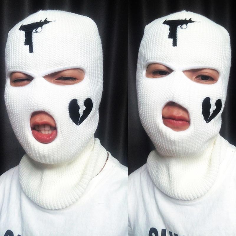 3-Hole Solid Color Embroidered Balaclava Knit Hat Face Mask Neck Gaiter Windproof Warm for Spring Fall Winter Daily Wear