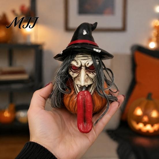 Unique Halloween Gifts Long Tongue Witch Pumpkin Ornament, Spooky Gothic Desktop Resin Kitchen Counter Accents Figurine, Collectible Tabletop