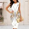 Women Plus Size Round Neck Sleeveless Black Printed Bodycon Midi Dress