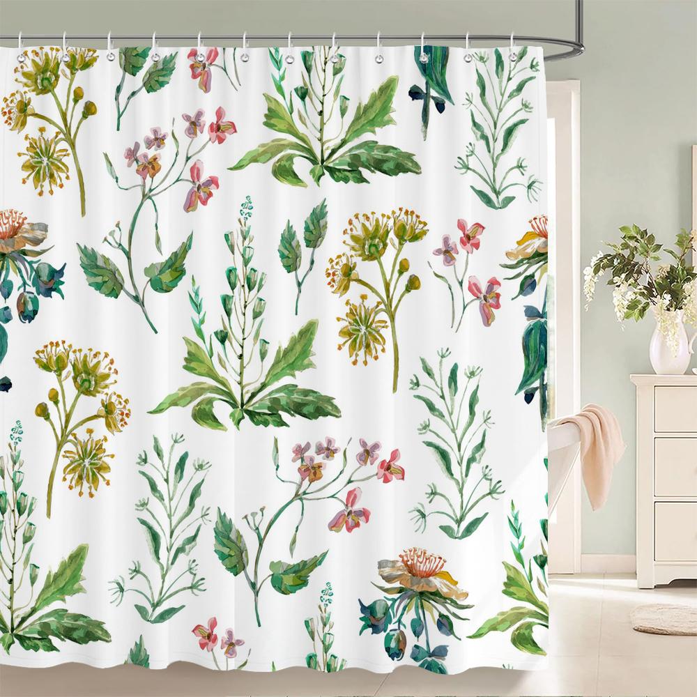 Green Leaf Plants And Flowers Shower Curtain Print Modern Nordic Minimalist Polyster Home Decor Bathroom Curtain With Hooks