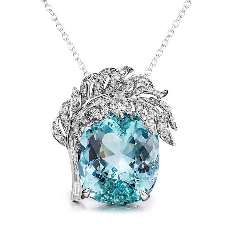 2022 New Trendy Necklaces For Women copper Color Zircon Feathers Oval Aquamarine Stone Pendant Engagement Fine Neck Accessories