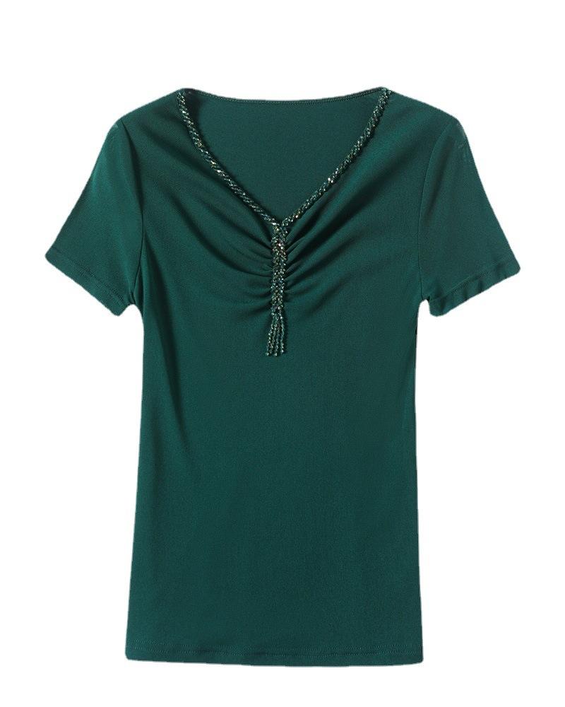 Summer Sexy V-neck T-shirt Women's Heavy Industry Nail Bead Top Stylish Versatile Tight Short Sleeved Shirt T-Shirts Women’s