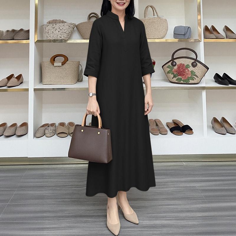 ZANZEA Rochie lungă casual de damă cu gât în V, culoare solidă, mâneci 3/4 largi