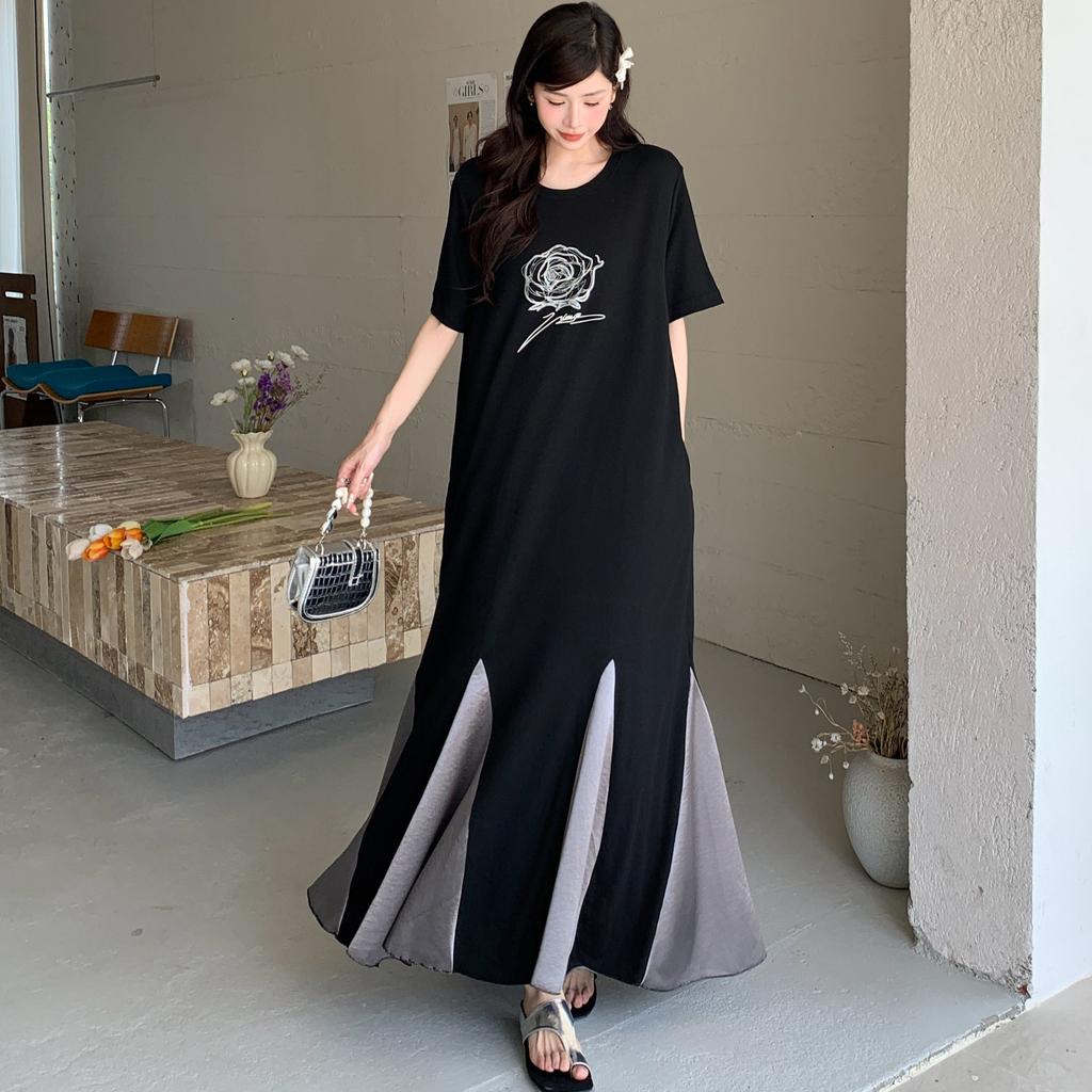DIMANAF 2025 Plus Size Dress Women Summer Spliced Vintage Dress Basic Printing Long Loose Casual Black Dress