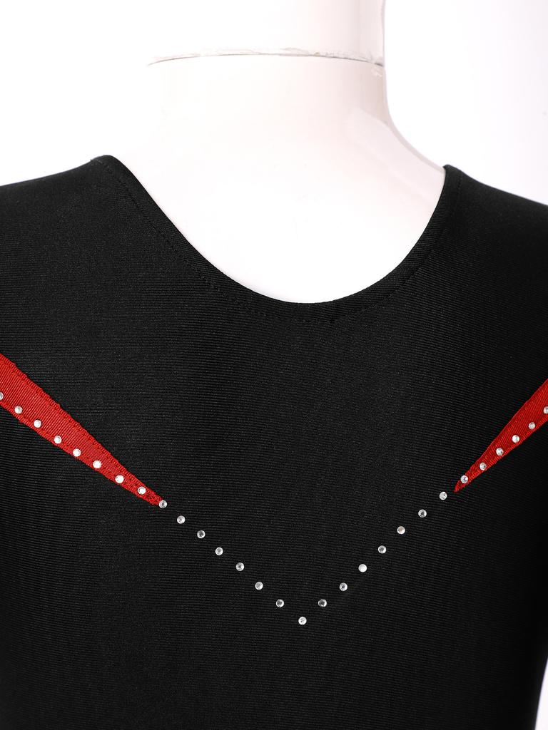Girls Long Sleeve V Neckline Dance Leotards Shiny Rhinestone Decorated Contrast Color Slim Fit Unitard