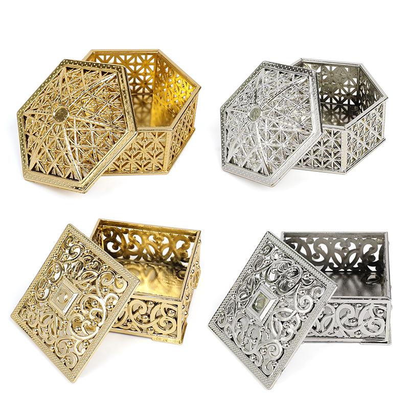 2pcs Mini Treasure Jewelry Storage Box Hollow Gold Foil Candy Gift Treat Boxes Wedding Birthday Party Favors Souvenir Home Decor