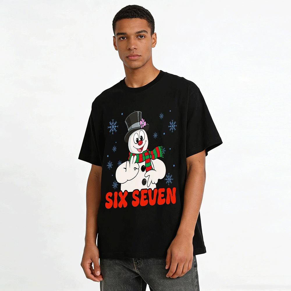 Funny Christmas Snowman Six Seven Gesture Print Casual Top Pure cotton T-shirt