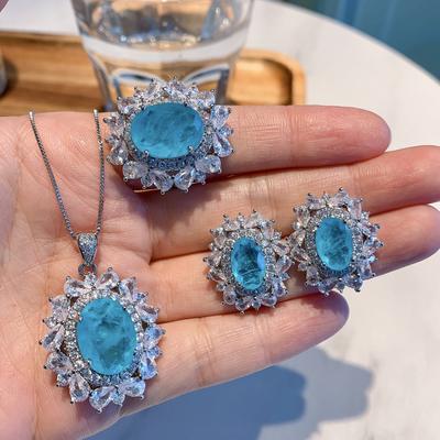 Schmuck Retro-Stil Imitation Paraiba Blau, Set Anhänger Ring 12 * 16 Ohrstecker 8 * 12